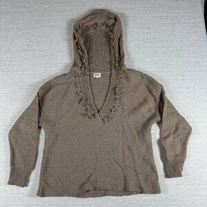 Bibi Womens Medium Beige Hooded Sweater Fringe V-Neck Ribbed Knit Pullover Grung